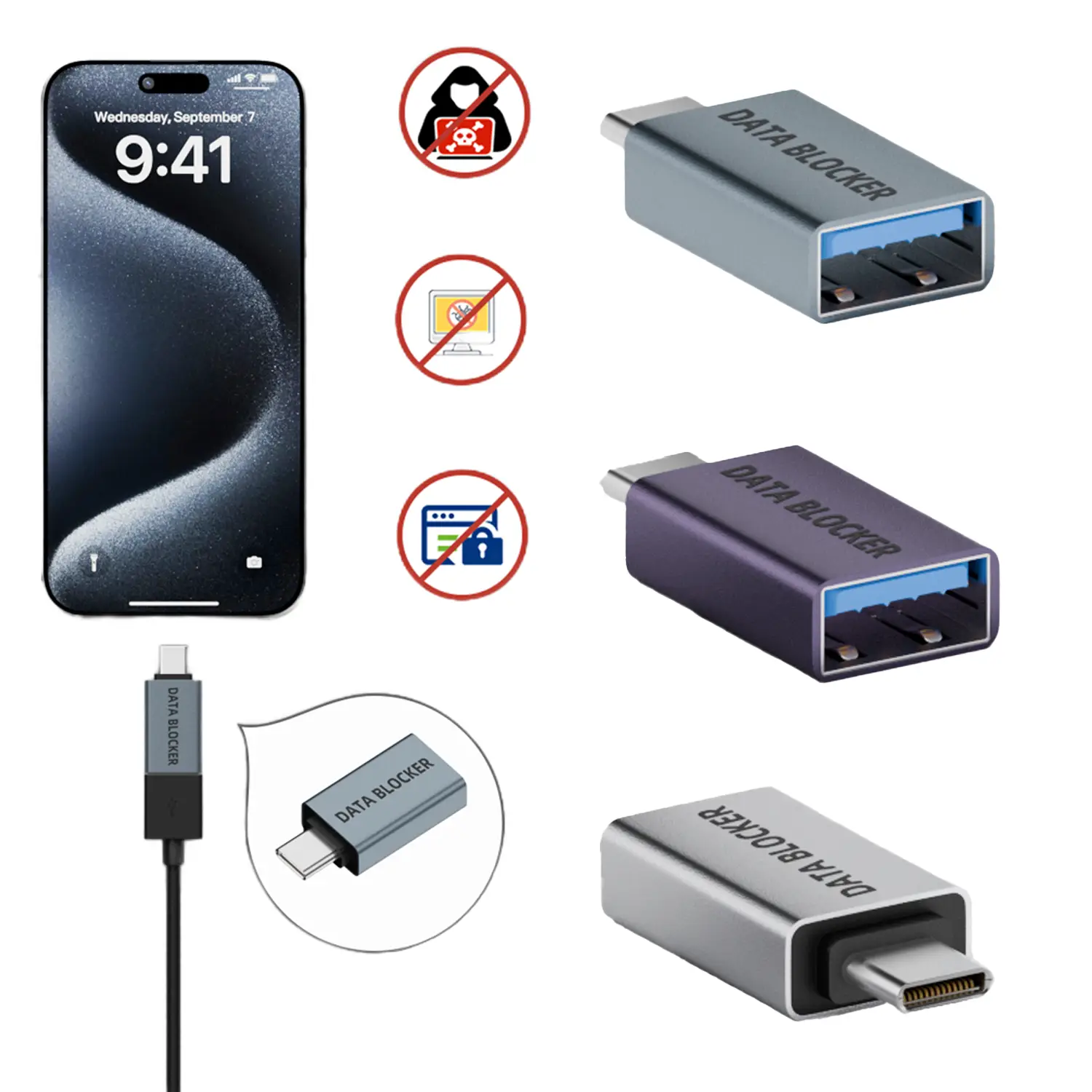 USB Data Blocker — უსაფრთხო დატენვის ადაპტერი (მონაცემთა ბლოკერით) - silver