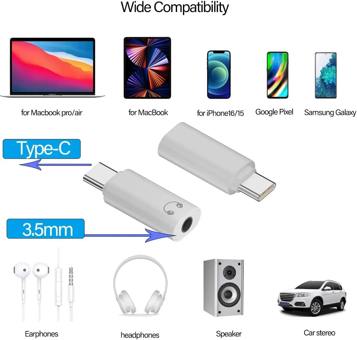 USB-C 3.5 მმ აუდიო გადამყვანი ყურსასმენებისთვის - white