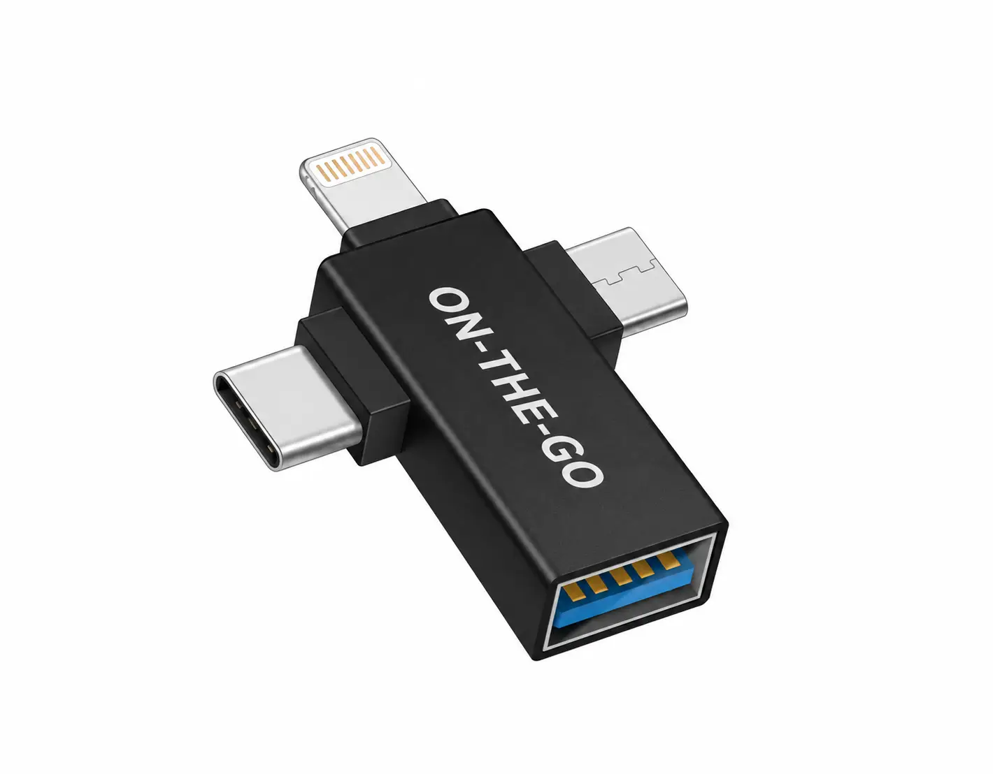 3 თავიანი USB ადაპტერი Type-C, Micro USB და iPhone-ისთვის